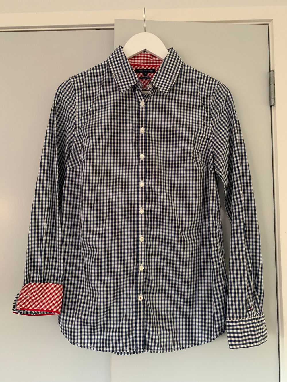 Tommy Hilfiger gingham navy white button up shirt- blouse