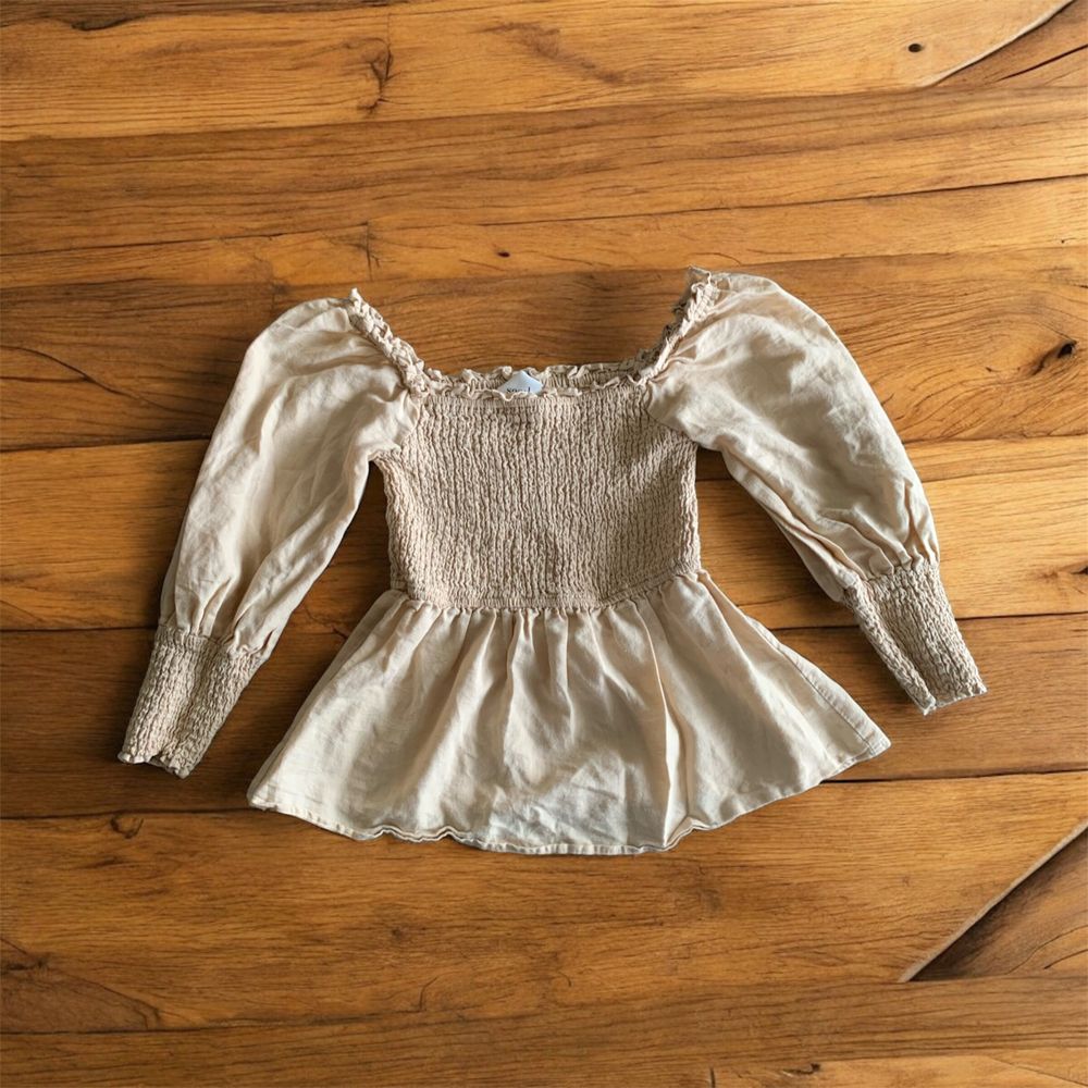 Seed linen cotton off shoulder smock blouse beige
