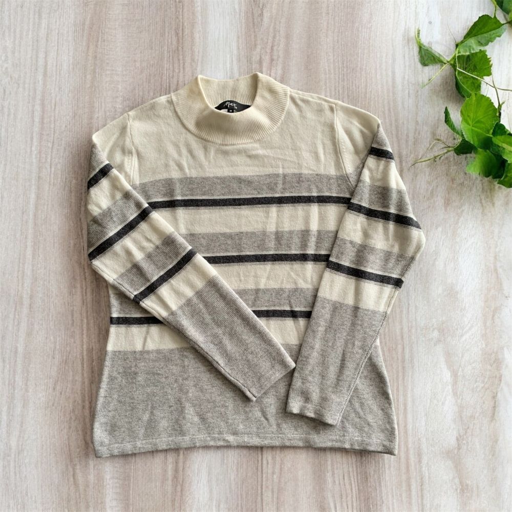 MAX wool cashmere blend high neck jumper cream grey black size M stripes