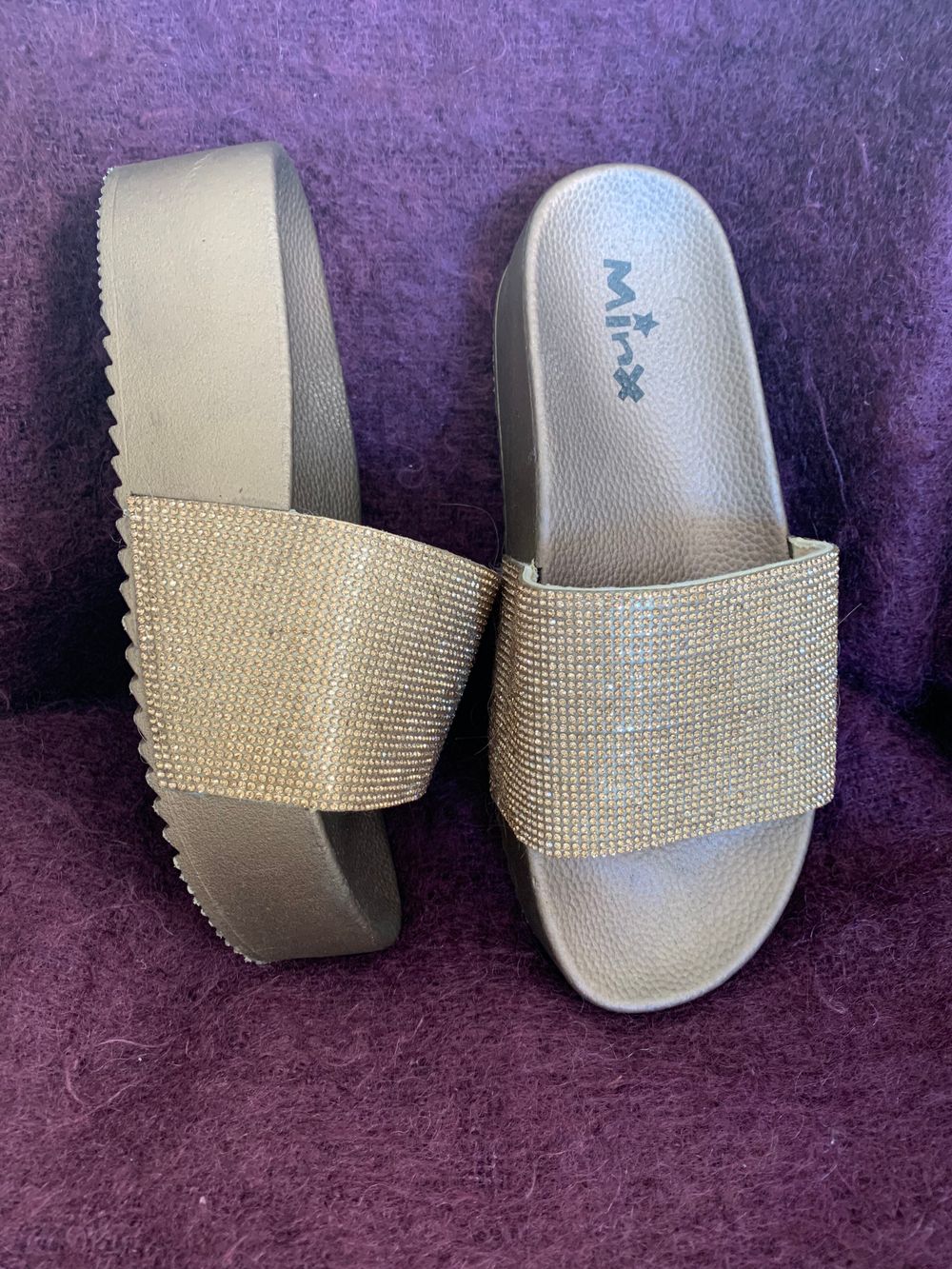 NEW Minx bronze Gold platform Slides rhinestones size 39