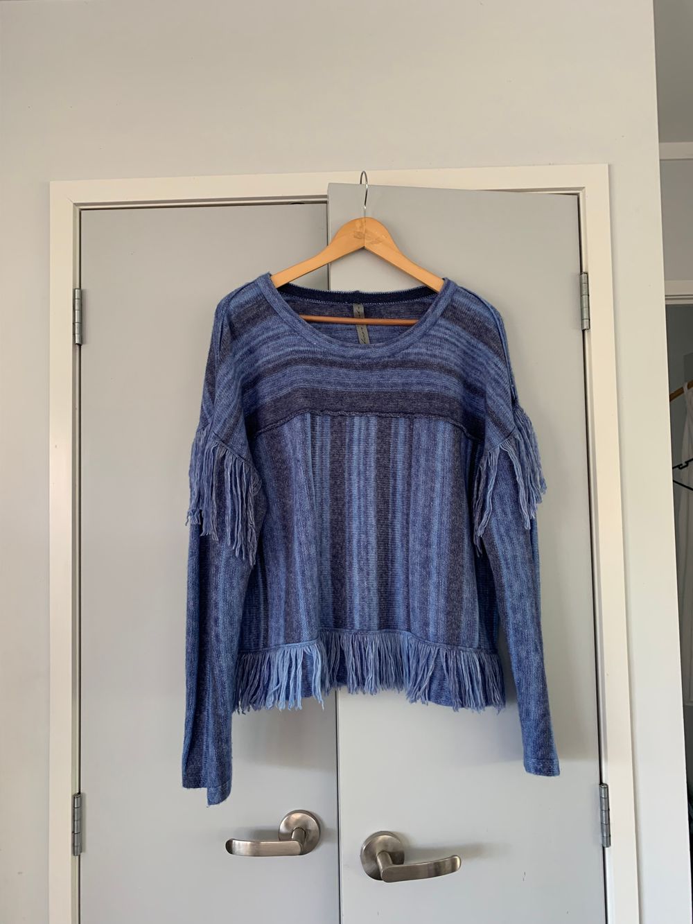 Raquel Allegra merino cashmere Indigo blue Stripe Pullover fringes