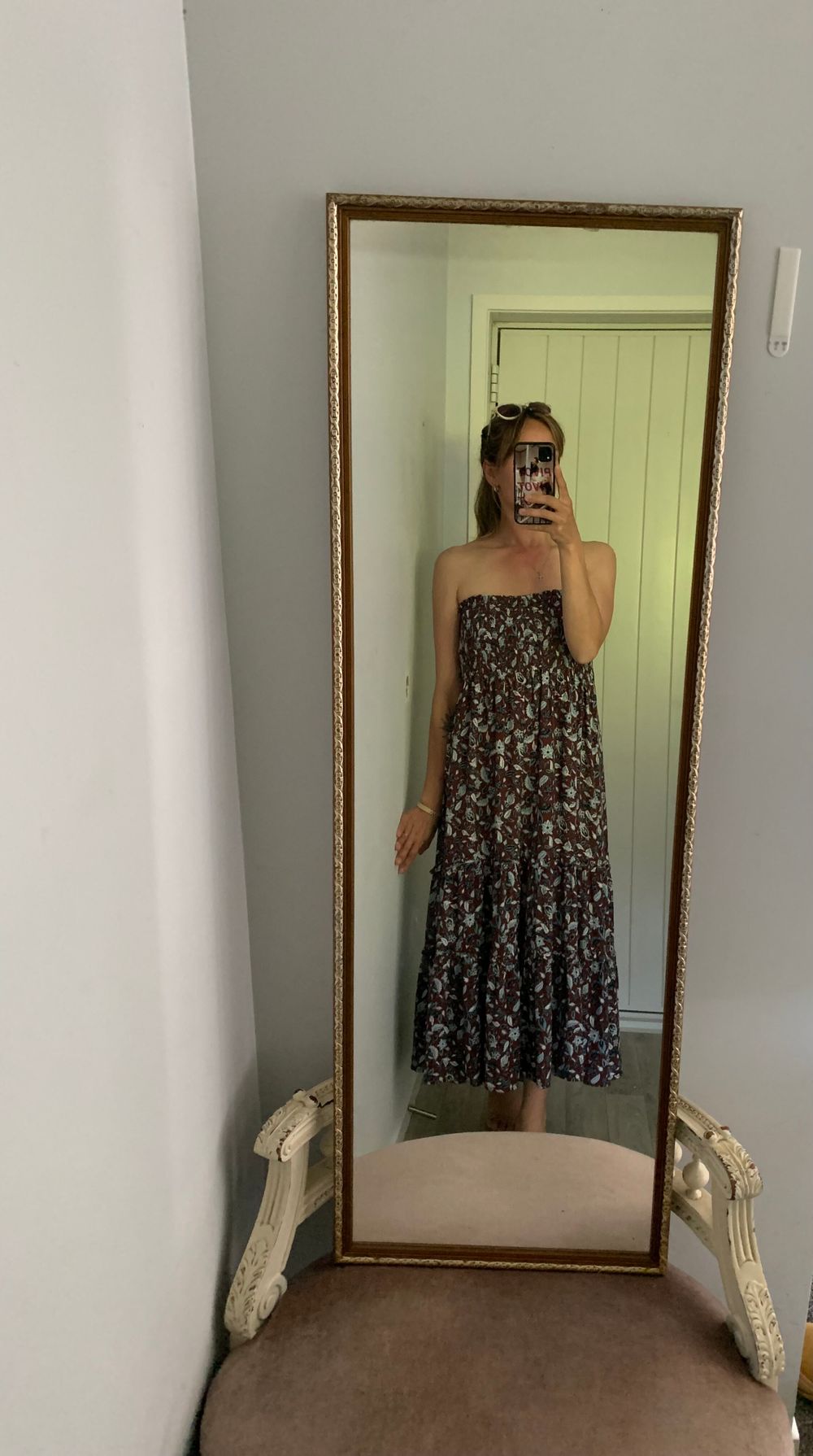 MAX boho Floral Maxi Skirt midi dress strapless smock tiered brown white blue size 10