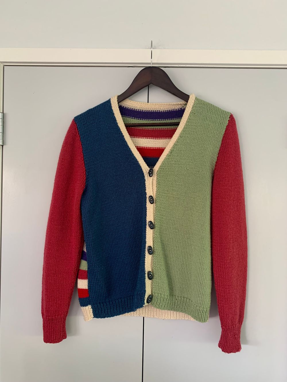 Hand knitted pure wool Colour Block Knit Cardigan S stripes blue beige red green 90’s y2k inspired