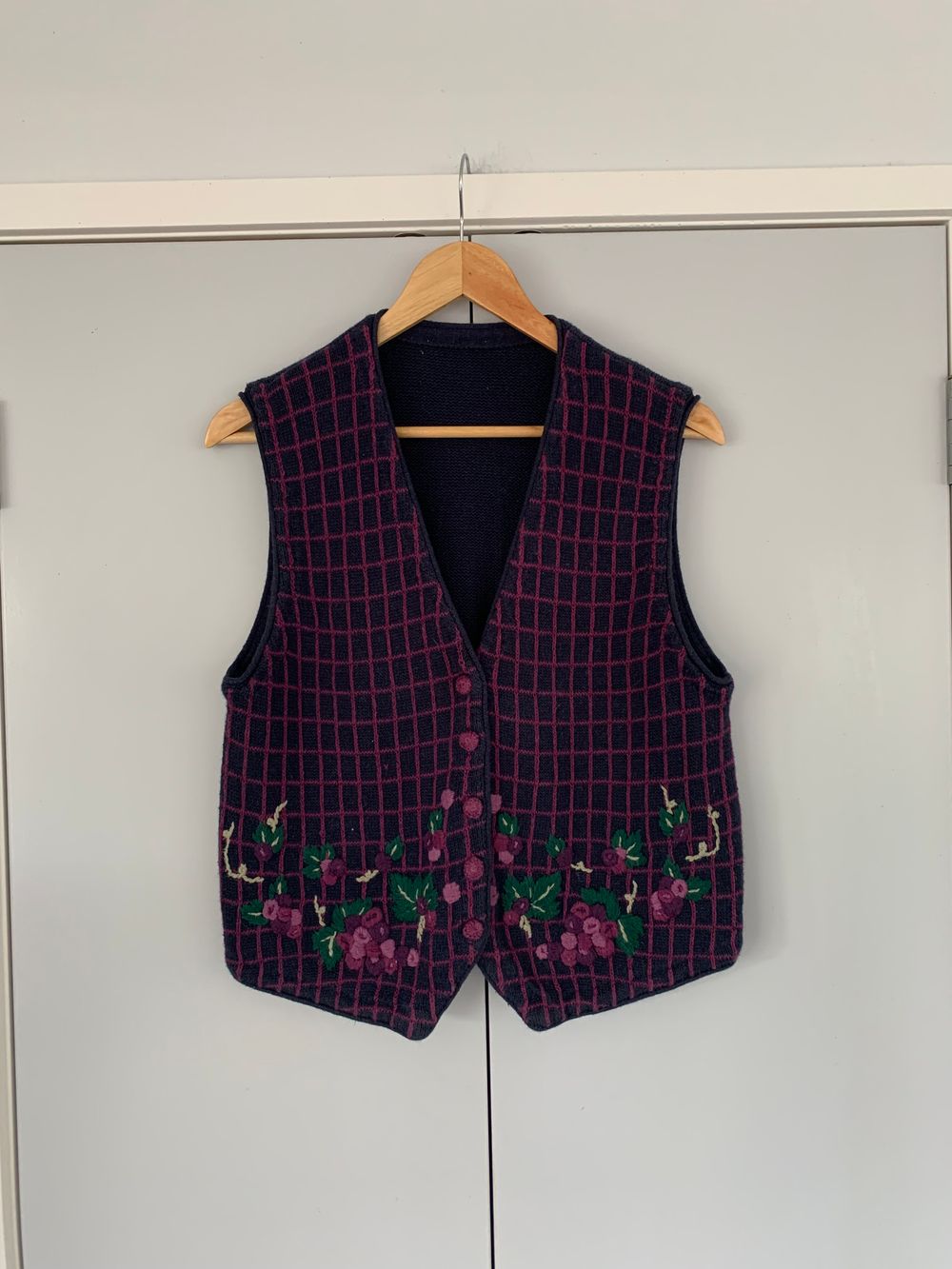 Vintage Cotton Floral Grid Vest sleeveless gilet top cottage embroidery navy blue purple S M farm