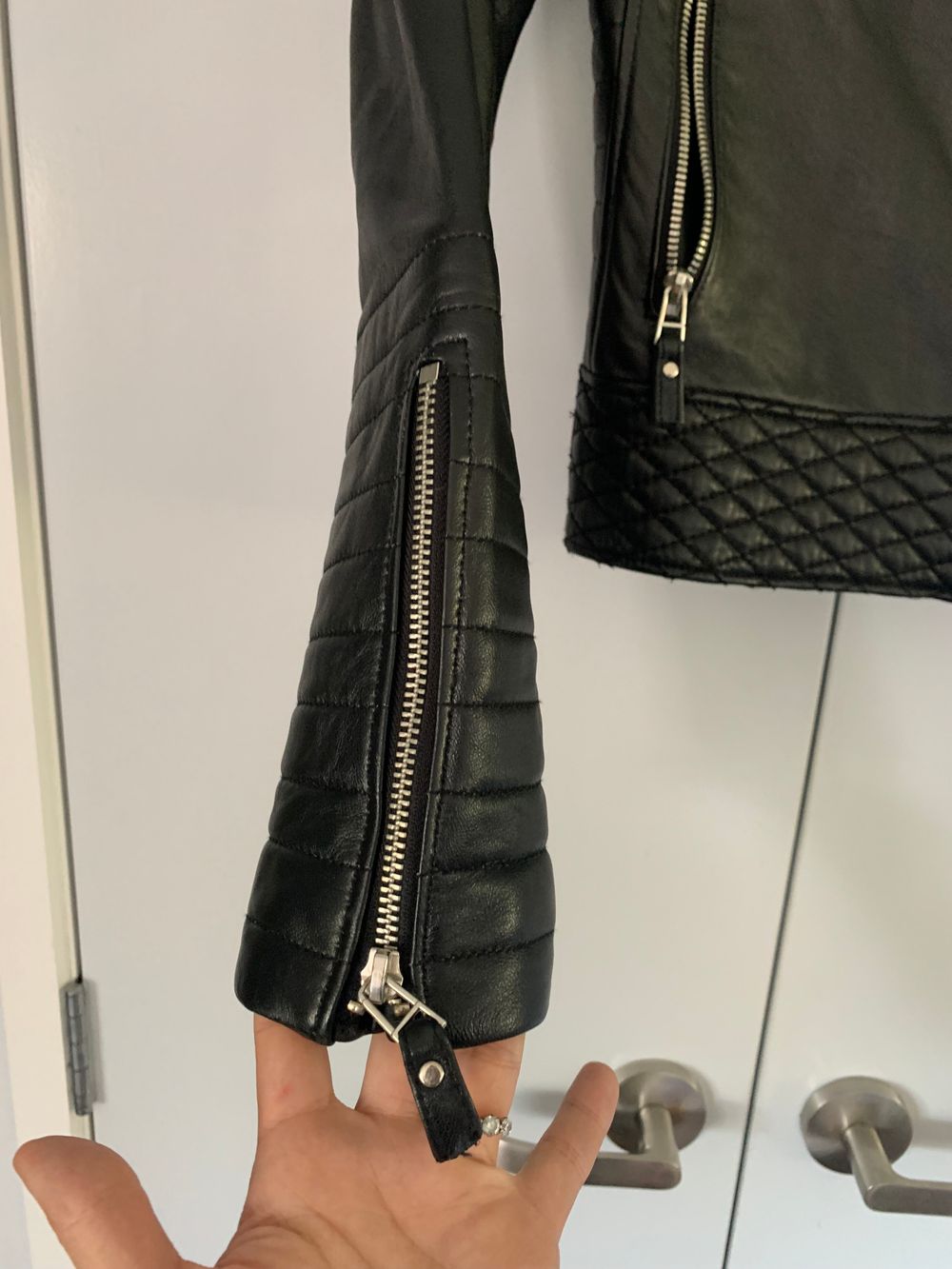 Leather biker jacket zip quilted lamb skin image 8