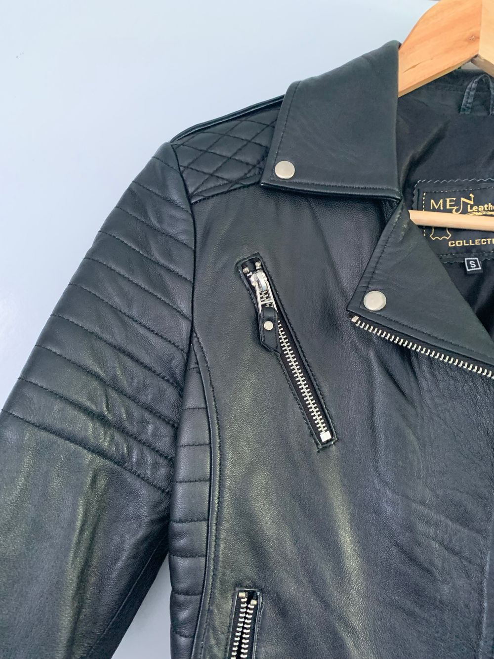 Leather biker jacket zip quilted lamb skin image 6