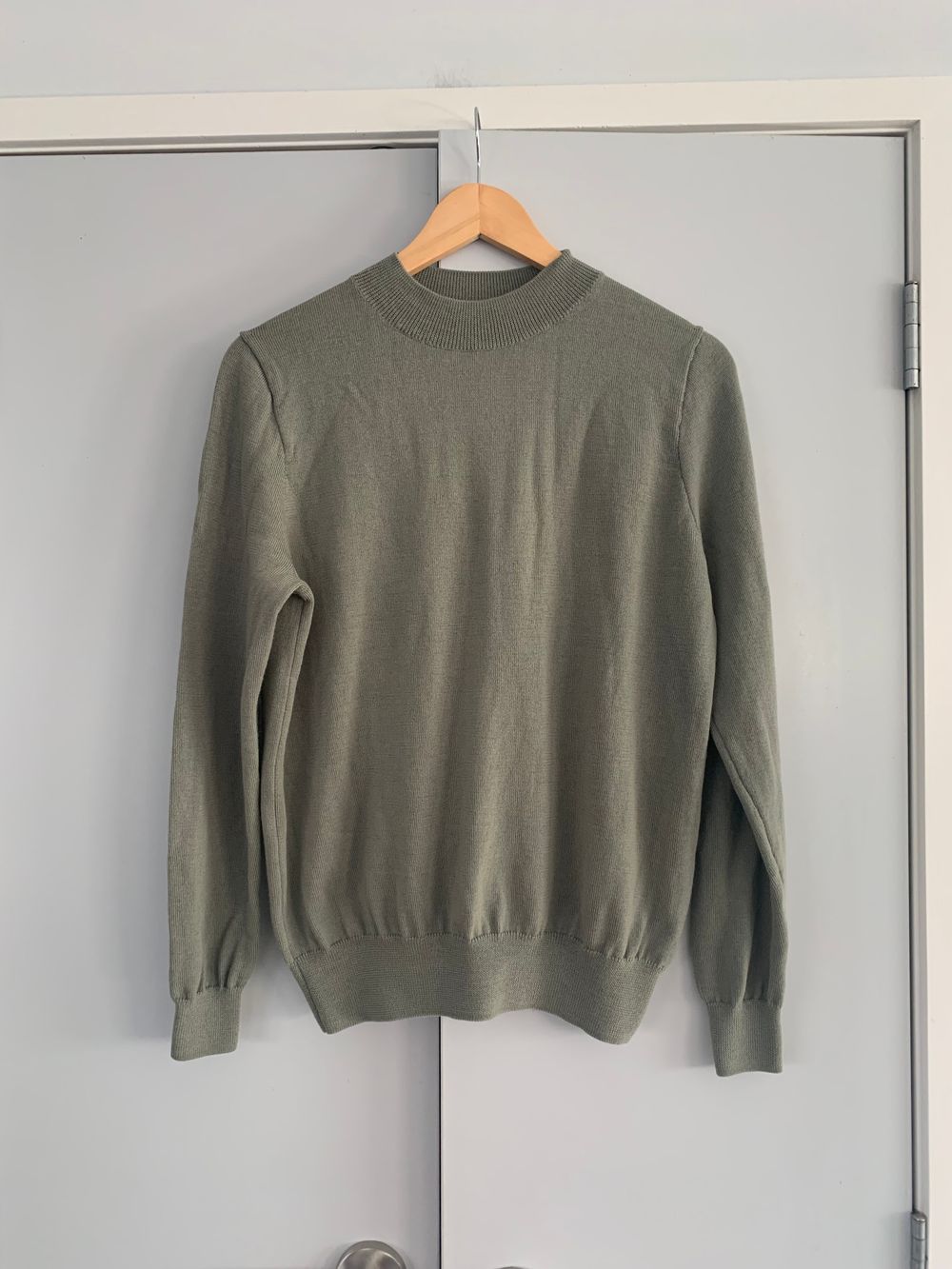 Assembly Label sage pure wool fine knit jumper mock neck khaki green 8 S merino layer basic timeless sweater