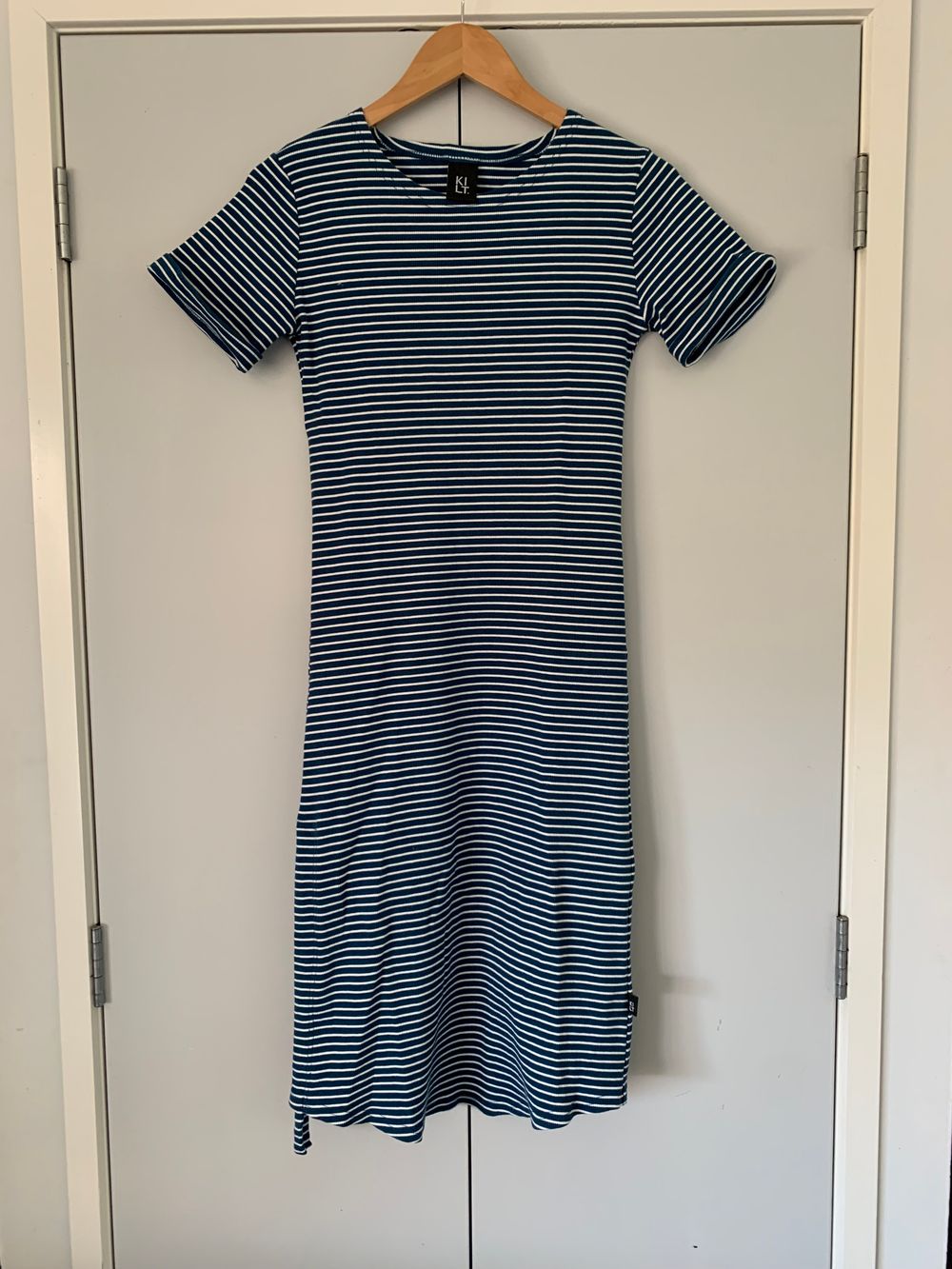 Kilt Blue White Stripe Midi Dress blue white cotton stretch coastal nautical Parisian summer