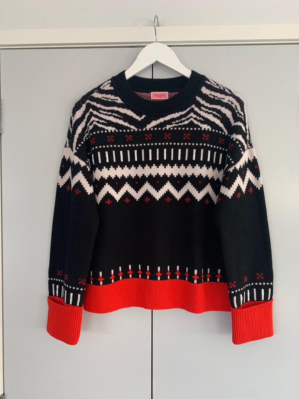 Pure wool fair isle Kate Spade zebra jacquard Jumper Size S oversized fit relaxed beaded black white
