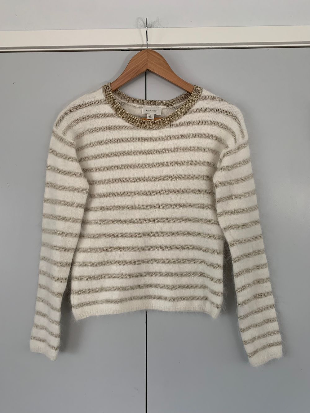 Witchery Cream Gold angora wool jumper crew neck Jumper Size S winter chic preppy fluffy knitwear S