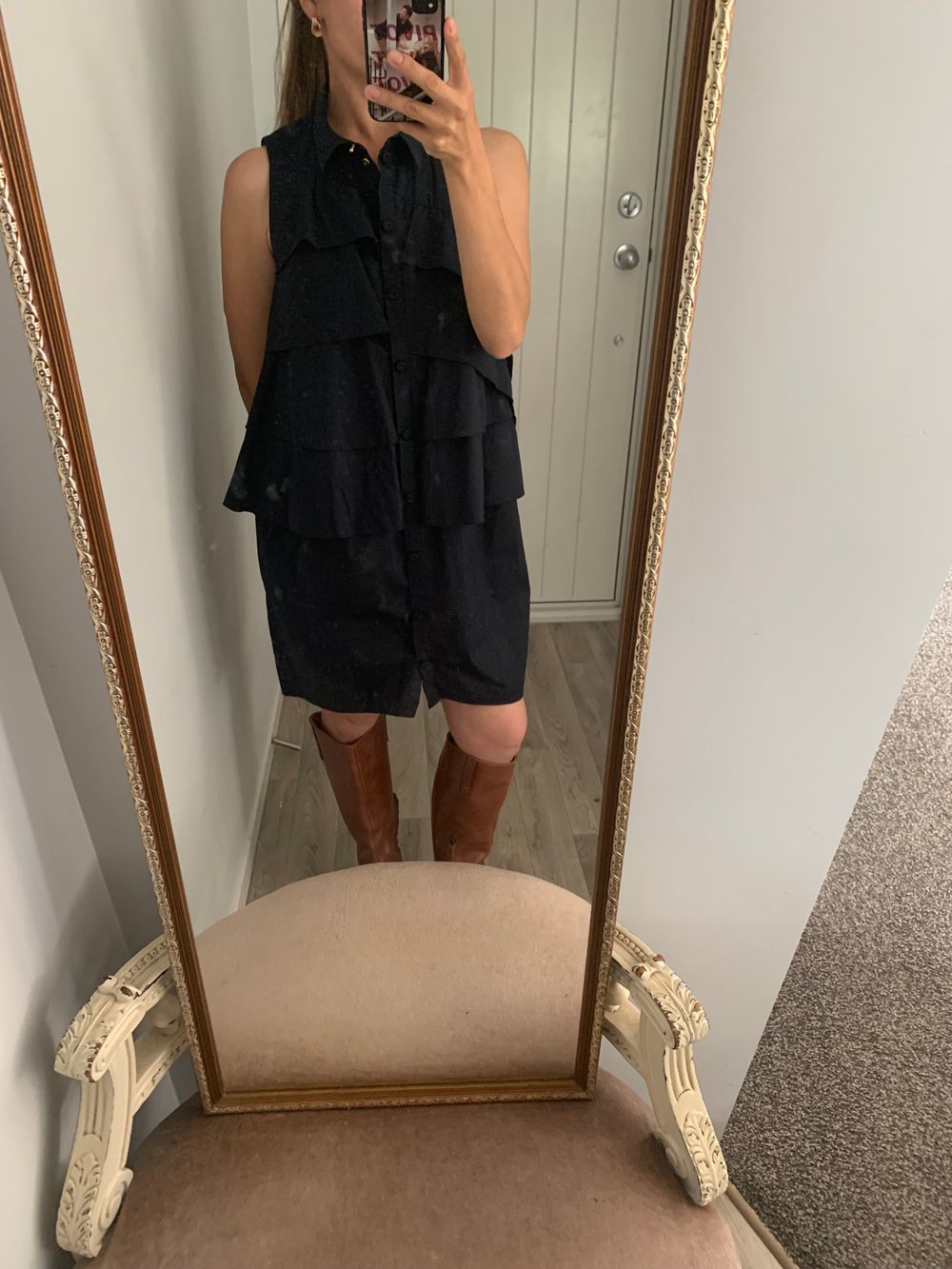 Paule Ka navy blue ruffle dress tiered mini French designer luxury cotton button front mini