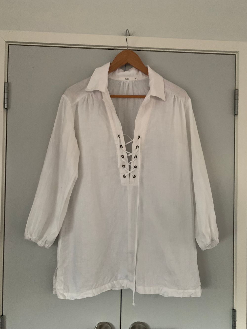 RUBY linen White Lace-up Shirt relaxed fit 3/4 sleeves boho chic
