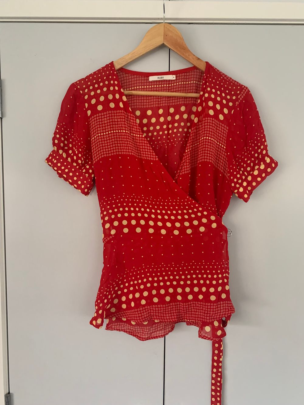 Ruby Red Polka Dot Wrap Top short sleeves blouse coquette preppy S