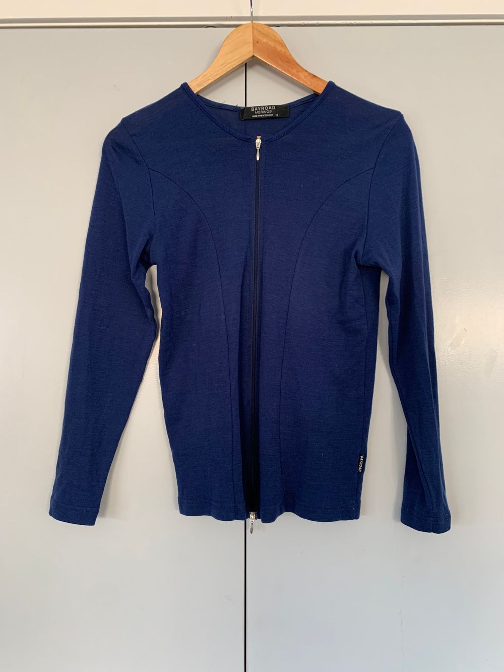 Bayroad merino wool cardigan zip up 10-12 Blue classic winter layer activewear casual