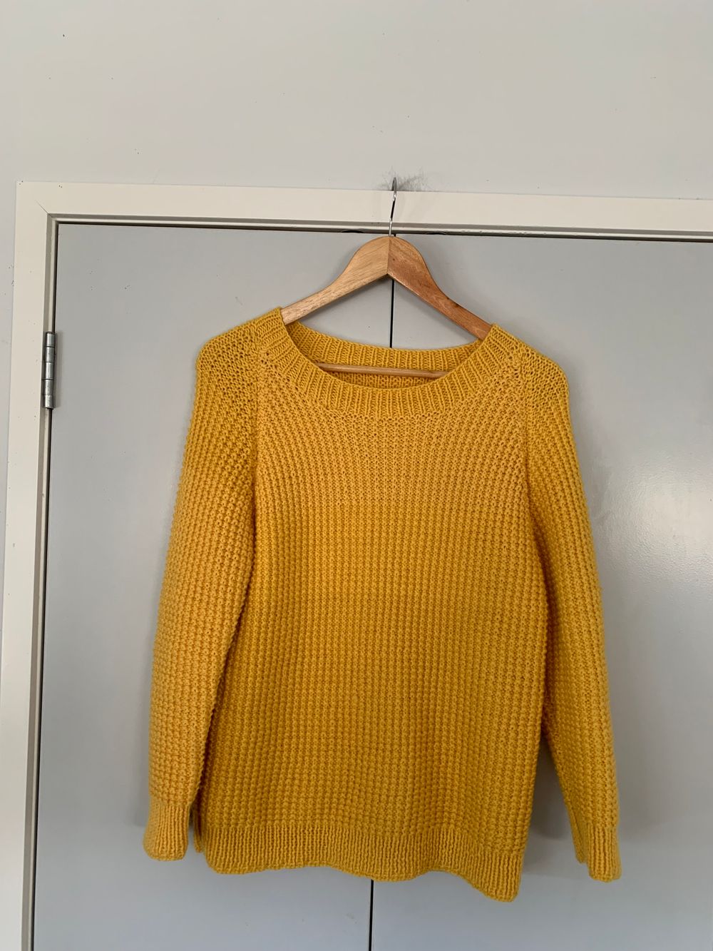 Pure wool Handknitted Yellow Jumper chunky fisherman Aran yarn crew neck
