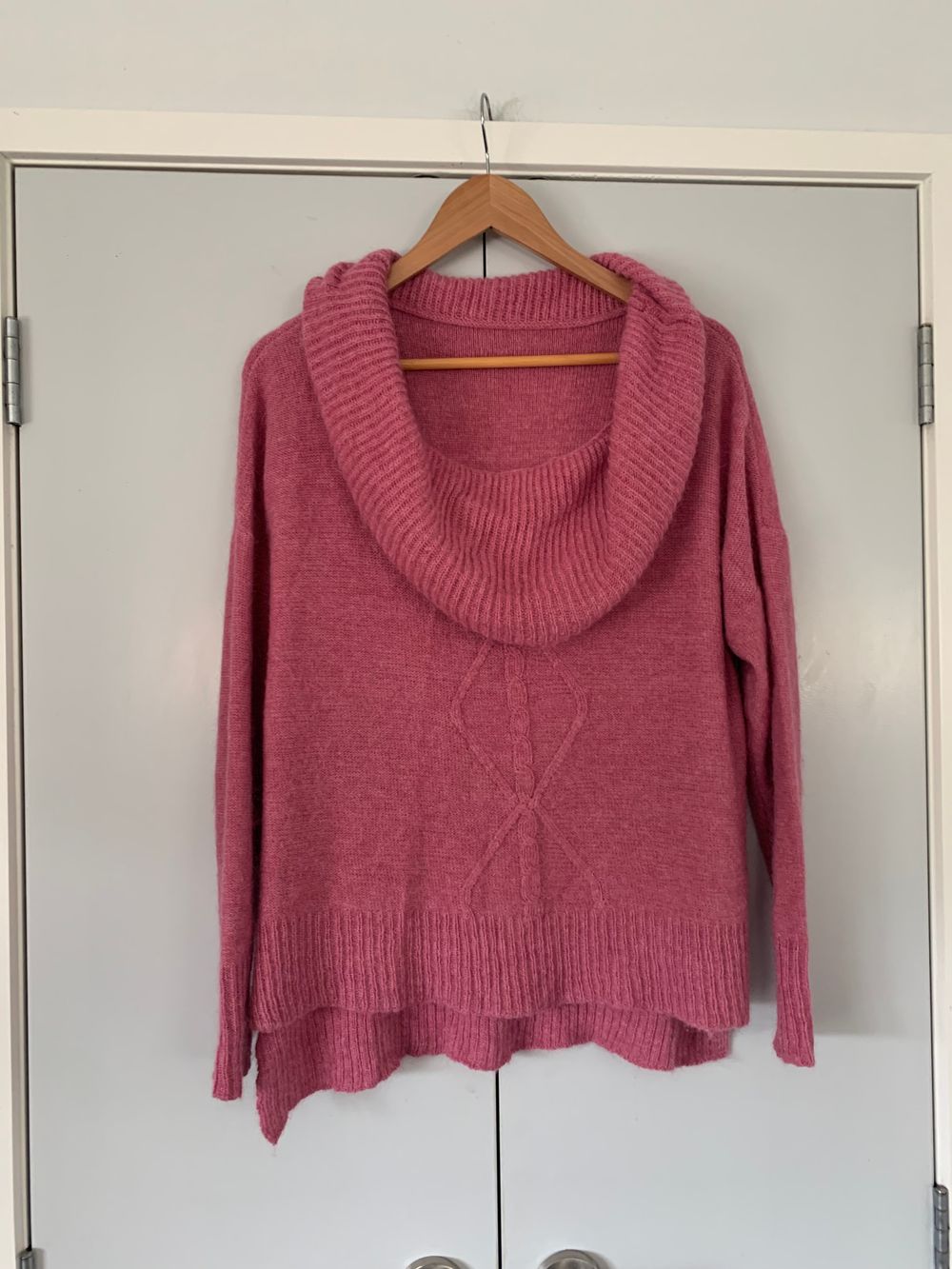 Wool mohair handmade initted jumper cable knit candy Pink Cowl Neck soft cosy winter jersey M/L