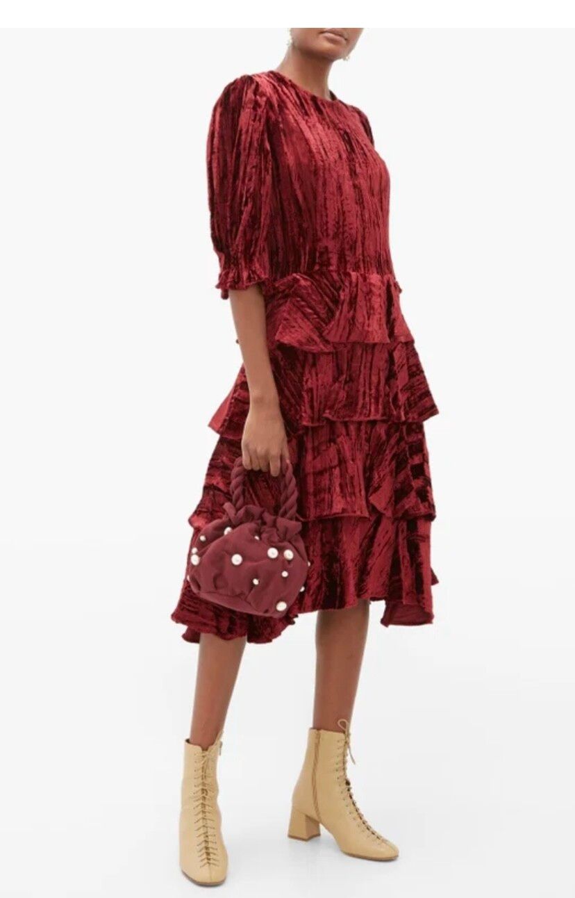 Bathsheva crushed velvet ruffle tiered midi dress luxury designer New York burgundy made in USA vintage inspired Victorian statement 12/14