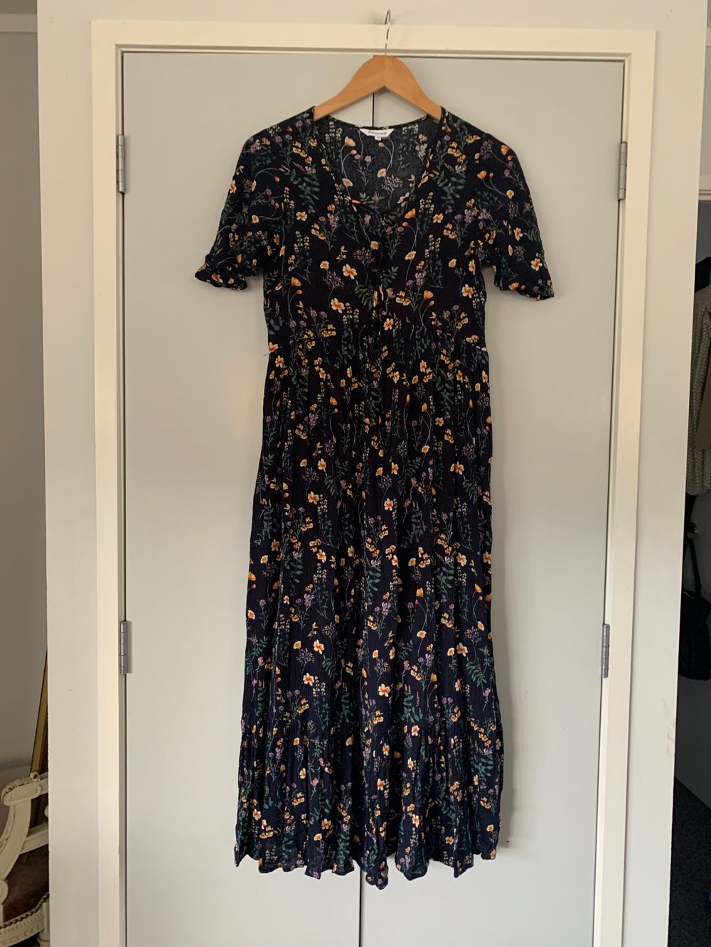 Lemon Tree Design Floral Midi Dress ruffle tiered boho chic relaxed fit prairie liberty M flowy