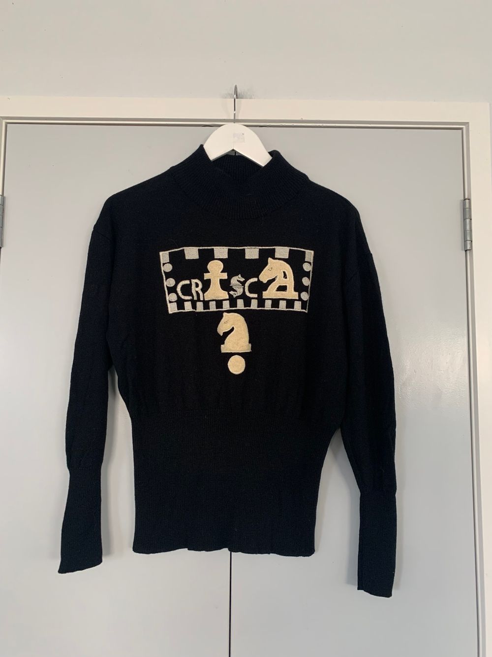 Vintage Escada CRISCA West Germany Black Wool Chess Jumper – High Funnel Neck Intarsia Motif chess