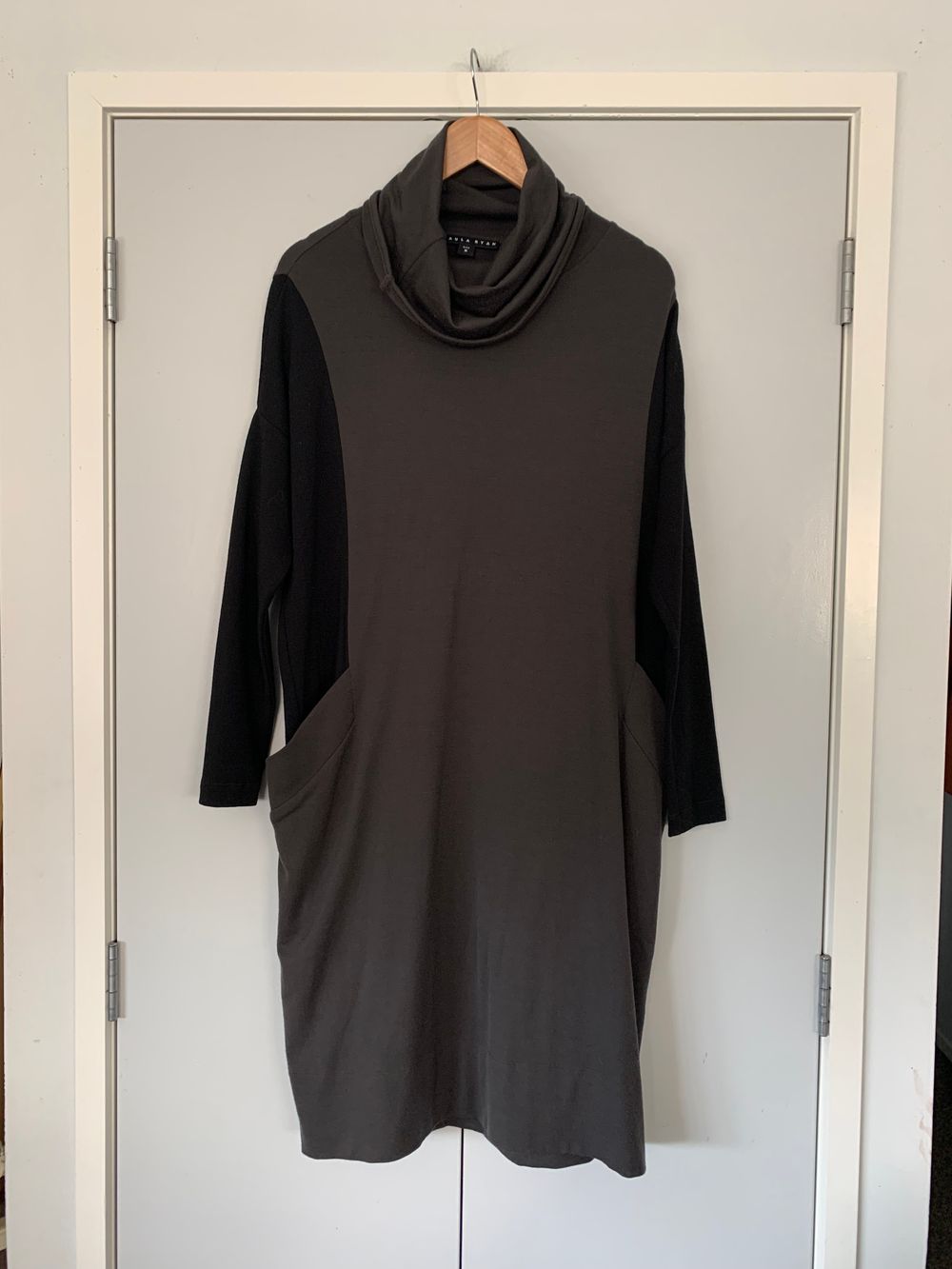 Paula Ryan wool mocha brown and Black Cowl Neck midi Dress relaxed fit loose pockets winter capsule
