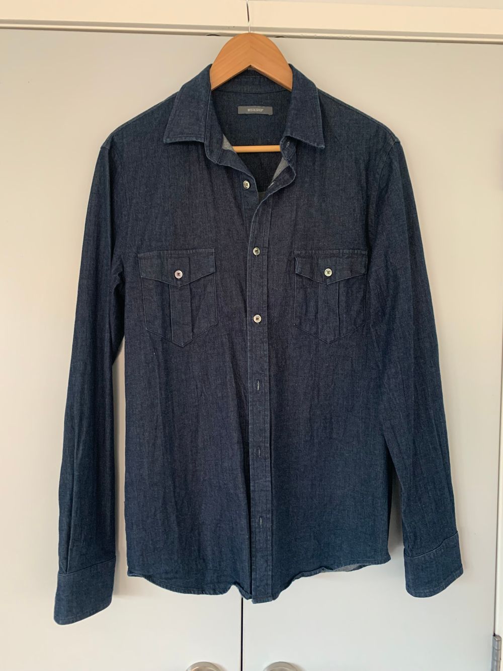 Workshop Blue cotton dark Denim button up Shirt classic fit capsule wardrobe essential M/10