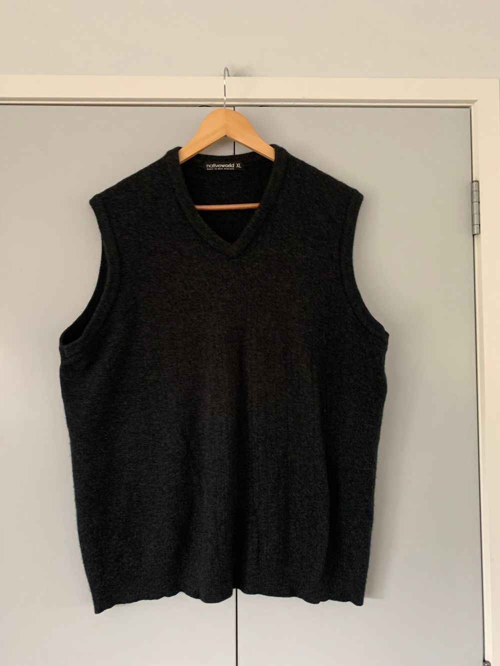 Nativeworld merino wool silk possum fur charcoal grey Knit Vest sleeveless jumper relaxed L XL v neck classic winter layering timeless capsule minimalist fluffy