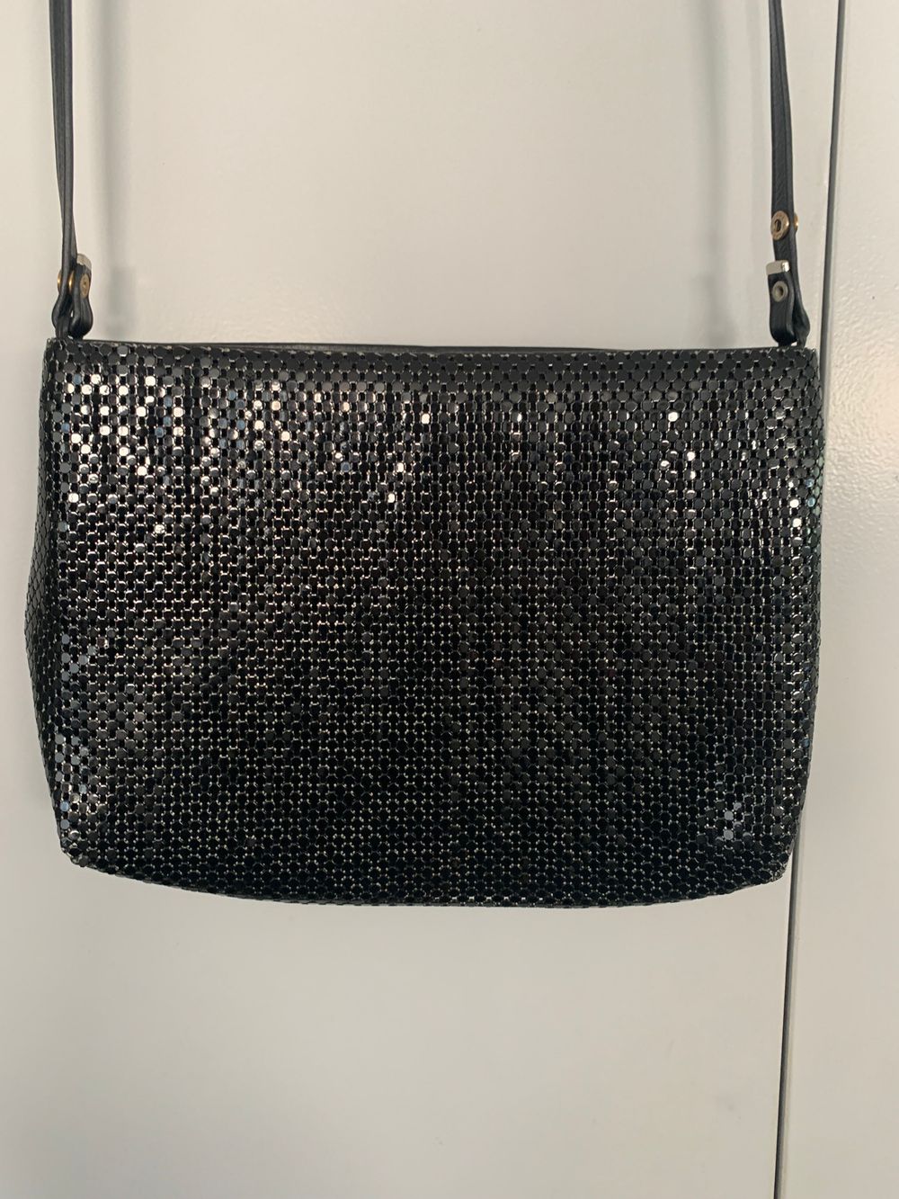Vintage Whiting and Davis USA made black mesh retro handbag crossbody leather strap coquette timeless elegance glomesh Oroton