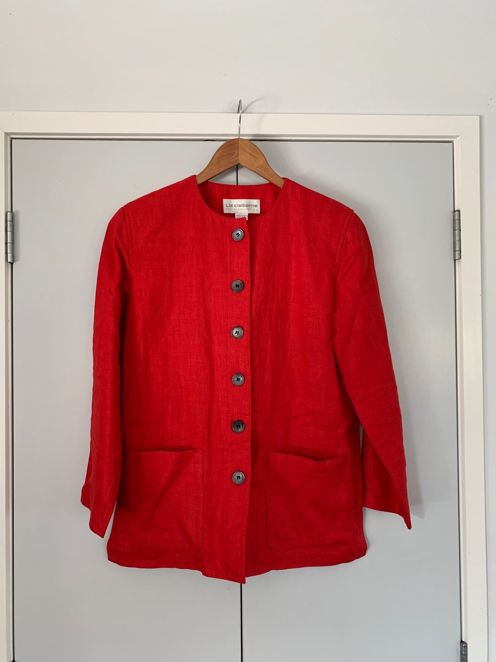 Liz Claiborne linen blazer collarless classic fit Red Jacket S relaxed vintage tailoring timeless elegance