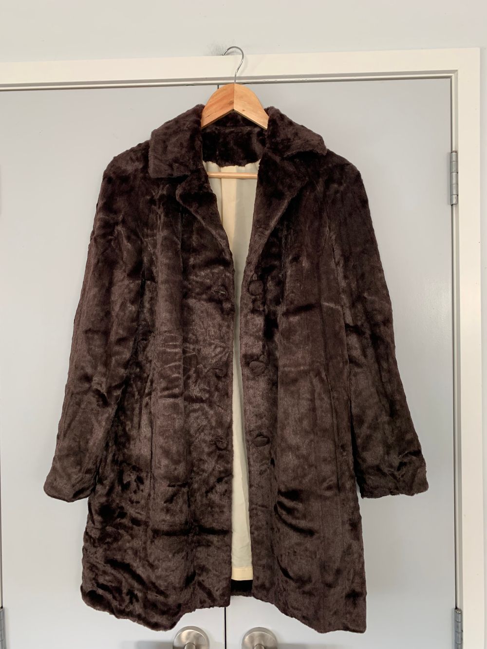 Vintage chocolate Brown Faux Fur Coat winter layer cosy tailored retro luxe