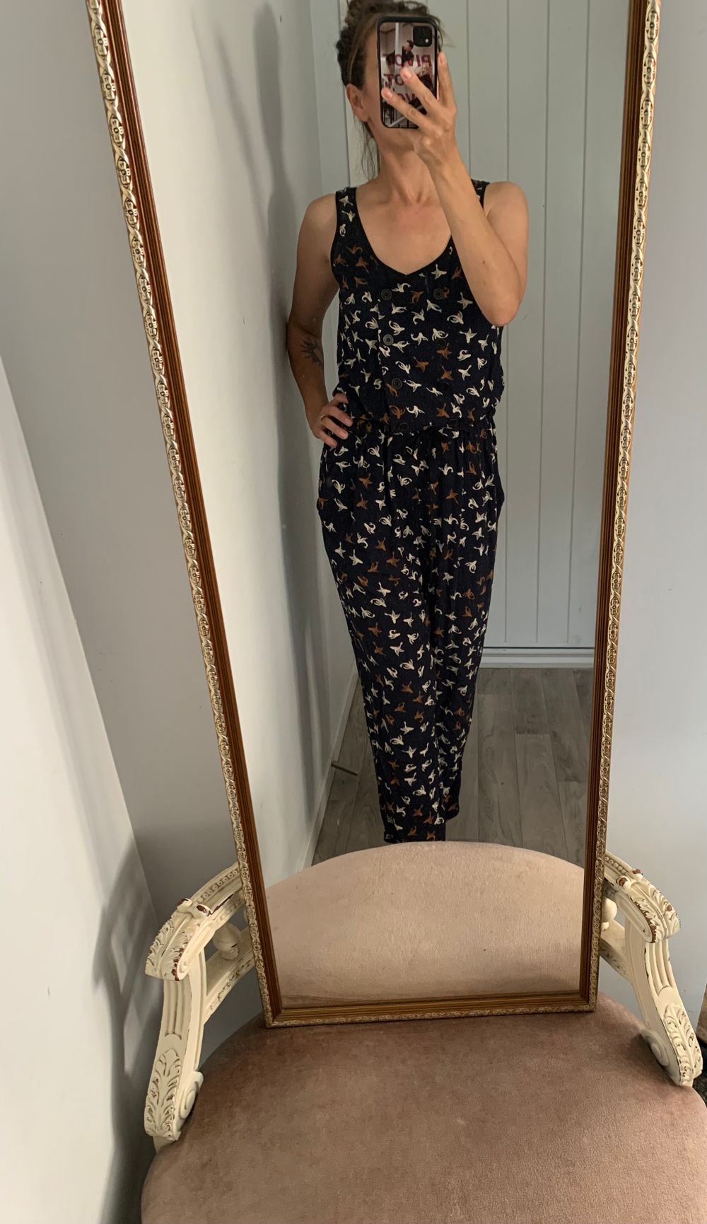 Sylvester jumpsuit navy blue Bird Print S casual elevated boho chic