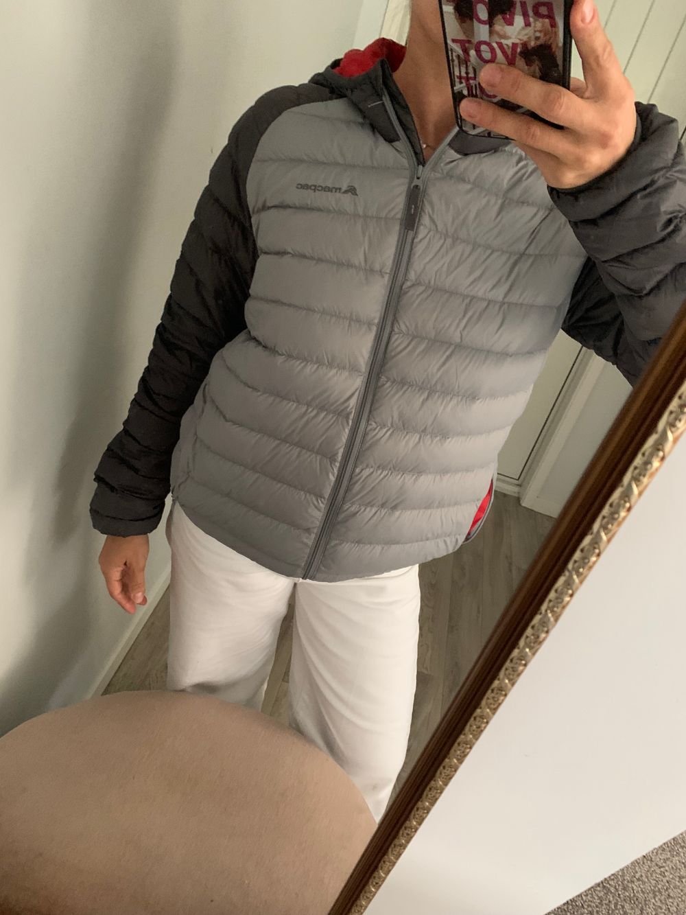Macpac down puffer jacket lightweight black grey packable S relaxed fit classic outdoors winter coat