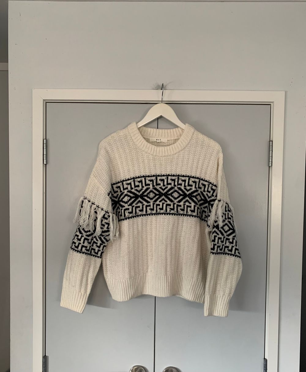 MAX merino fair isle Black White chunky Jumper relaxed fringes wool blend S cream winter