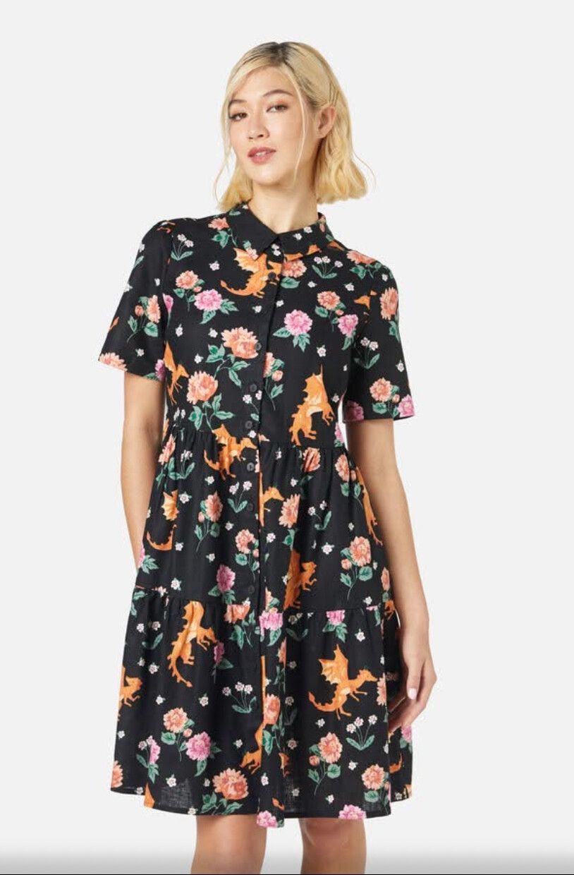 Princess highway black floral linen cotton tiered  dress XL 14 button front casual spring Summer