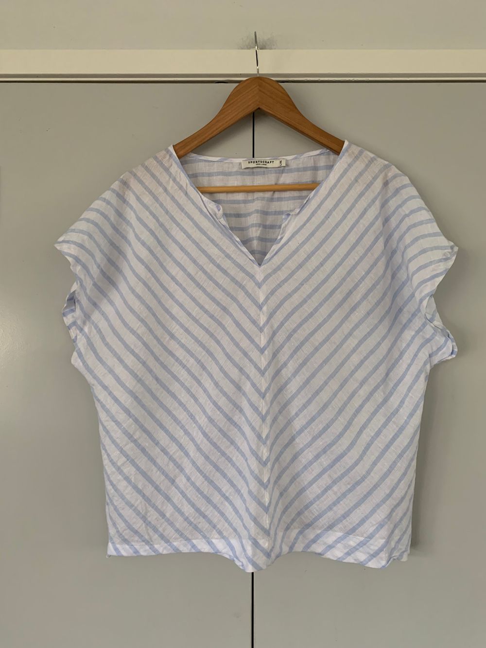 Sportscraft linen top white blue Stripes blouse L/XL short sleeves