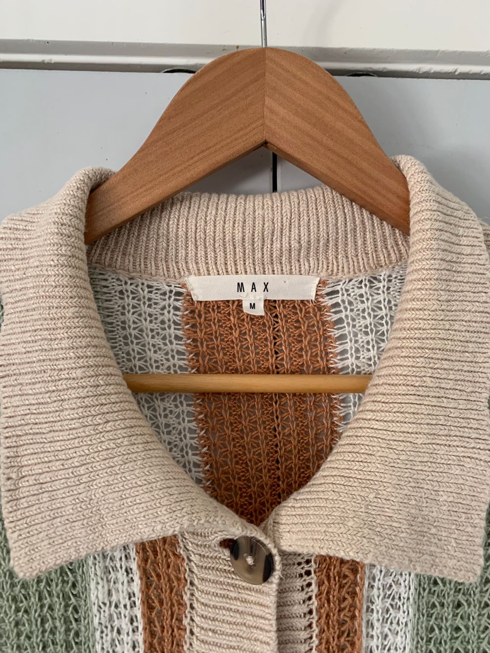 MAX linen crochet knit shirt oversized striped beige sage green rust M image 3