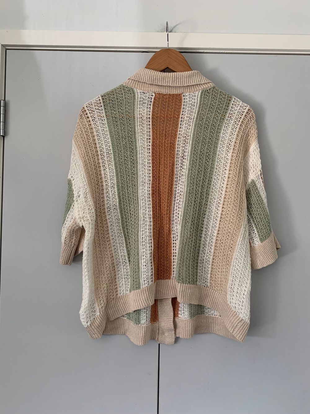 MAX linen crochet knit shirt oversized striped beige sage green rust M image 4