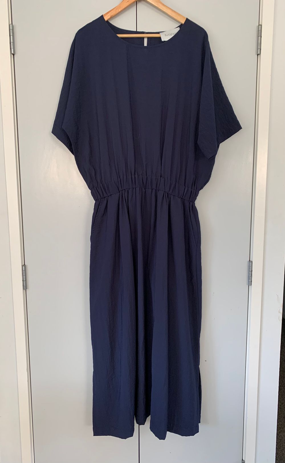 Ricochet midi dress navy blue empire waist relaxed fit 14 designer minimalist coastal chic