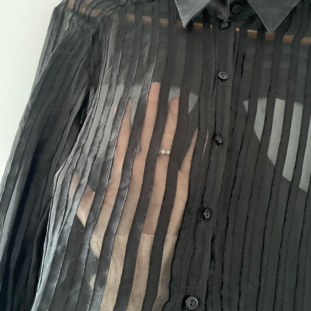 Ruby Silk sheer striped Shirt black satin key hole back S/8 image 3
