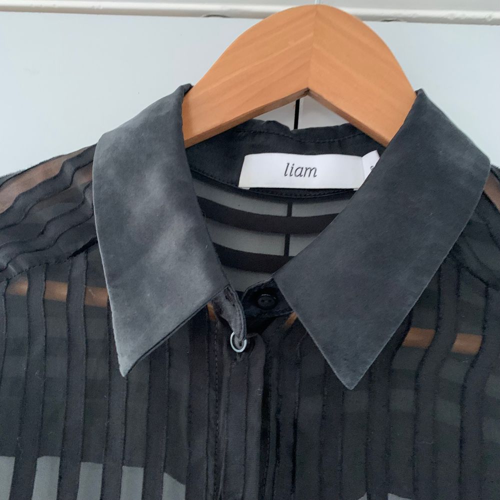 Ruby Silk sheer striped Shirt black satin key hole back S/8 image 2