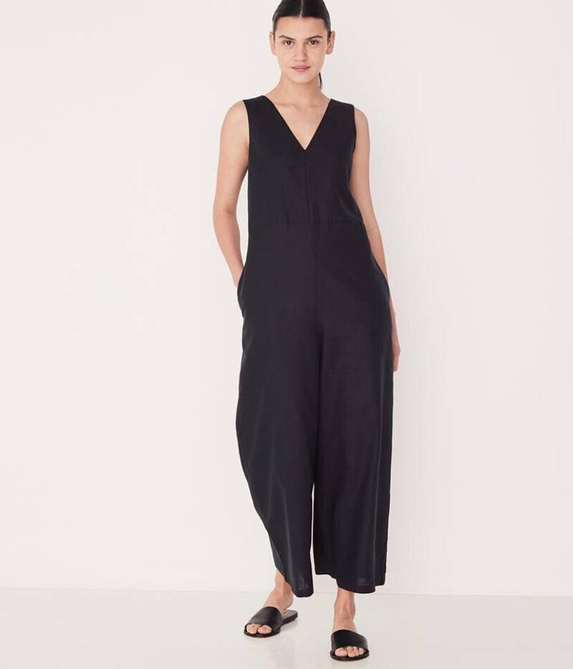 Assembly Label linen cotton wide leg Jumpsuit cropped navy blue minimalist chic capsule coastal