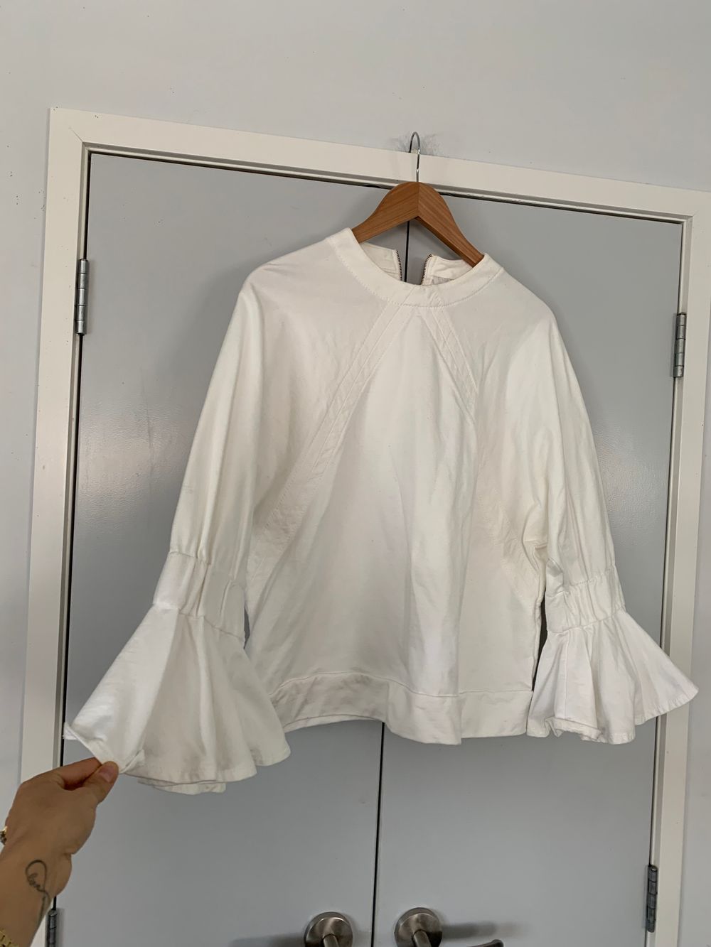 Karen Walker oversized ruffle sleeves white cotton top sweater loose casual chic capsule statement S image 2