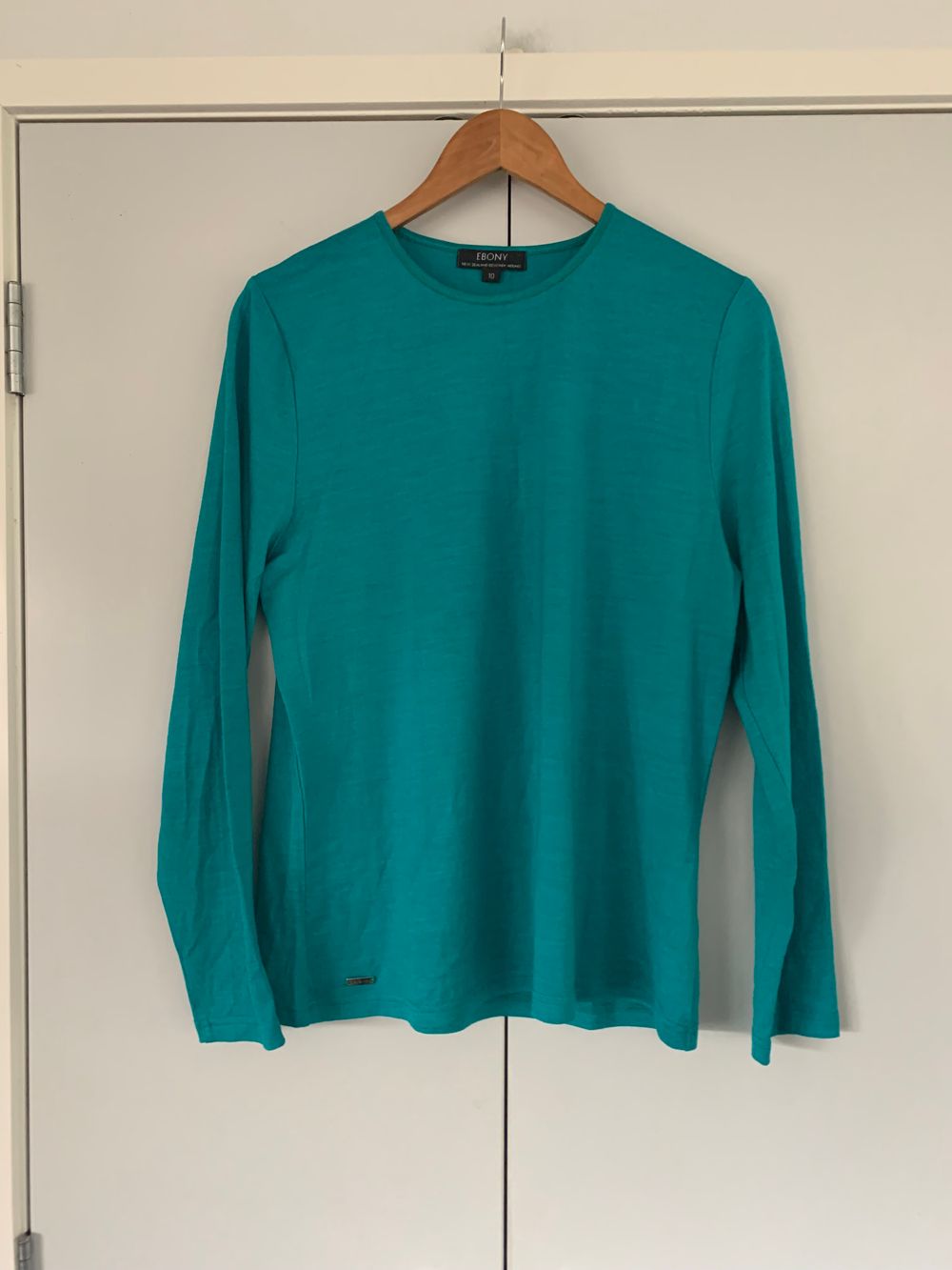 Ebony Teal Merino Wool Top crew neck base layer turquoise M/10