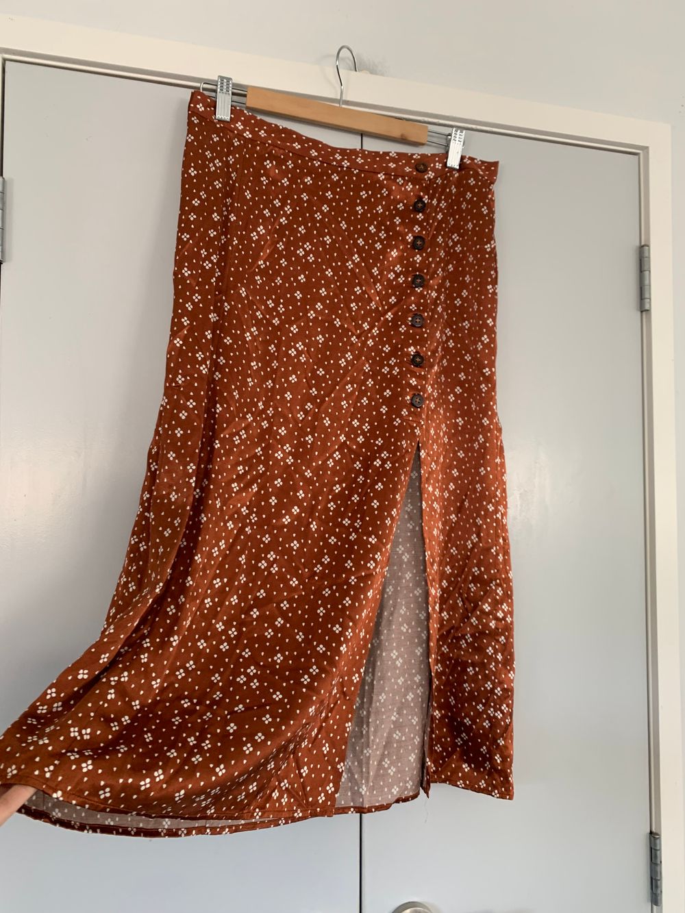 & Other Stories satin midi Skirt bronze brown rust white dot print L/12 cottage romantic