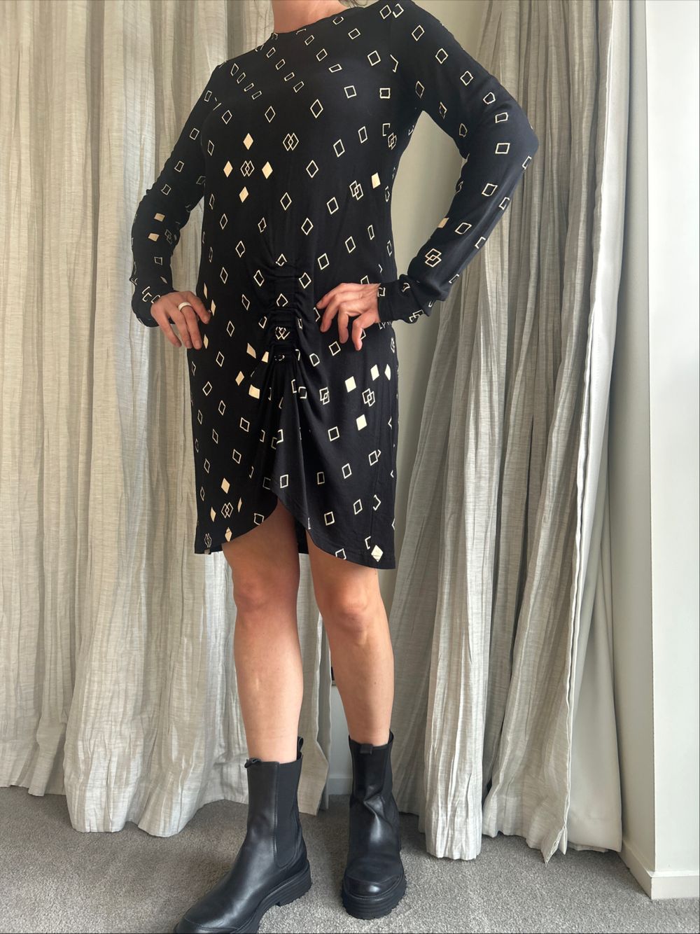Company of strangers / Black Long Sleeve Dress With Gold Diamond Print
