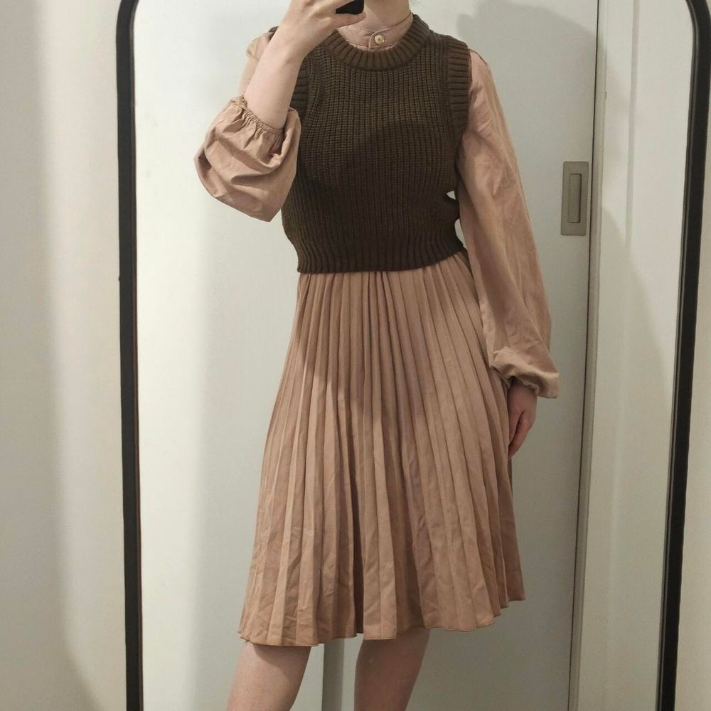 Romantic Button-up, Pleated Dress (TAN)