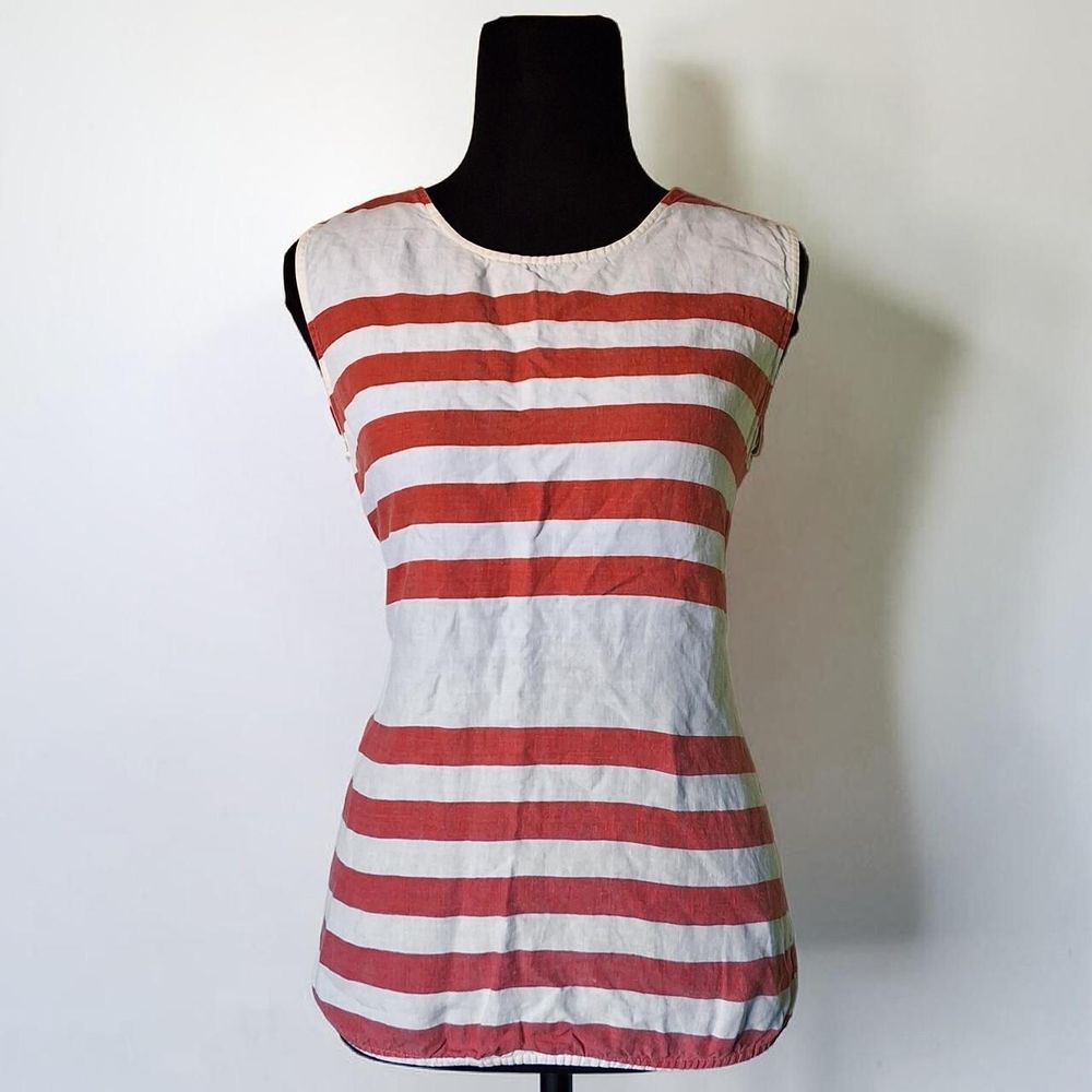 TRENERY Striped Sleeveless Linen Top Blouse Formal (WHITE/ORANGE)