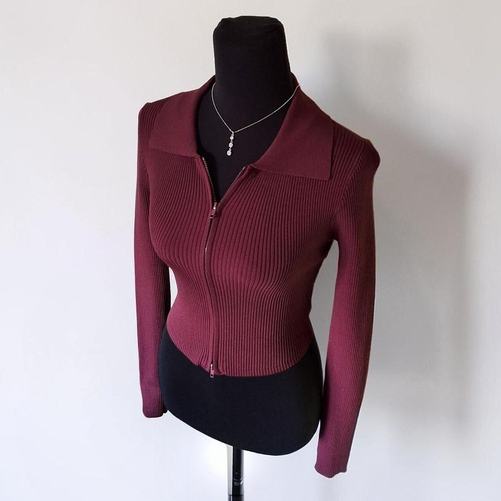 Y2K Ribbed Zip-Up Longsleeve Cardigan Sweater Shirt Over-shirt Top (BURGANDY)