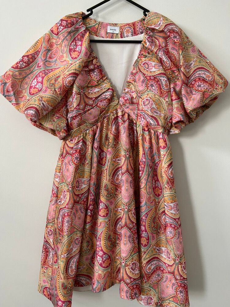 sheike gold paisley dress Bliss Gathered Button Paisley Dress – Sheek main image 1