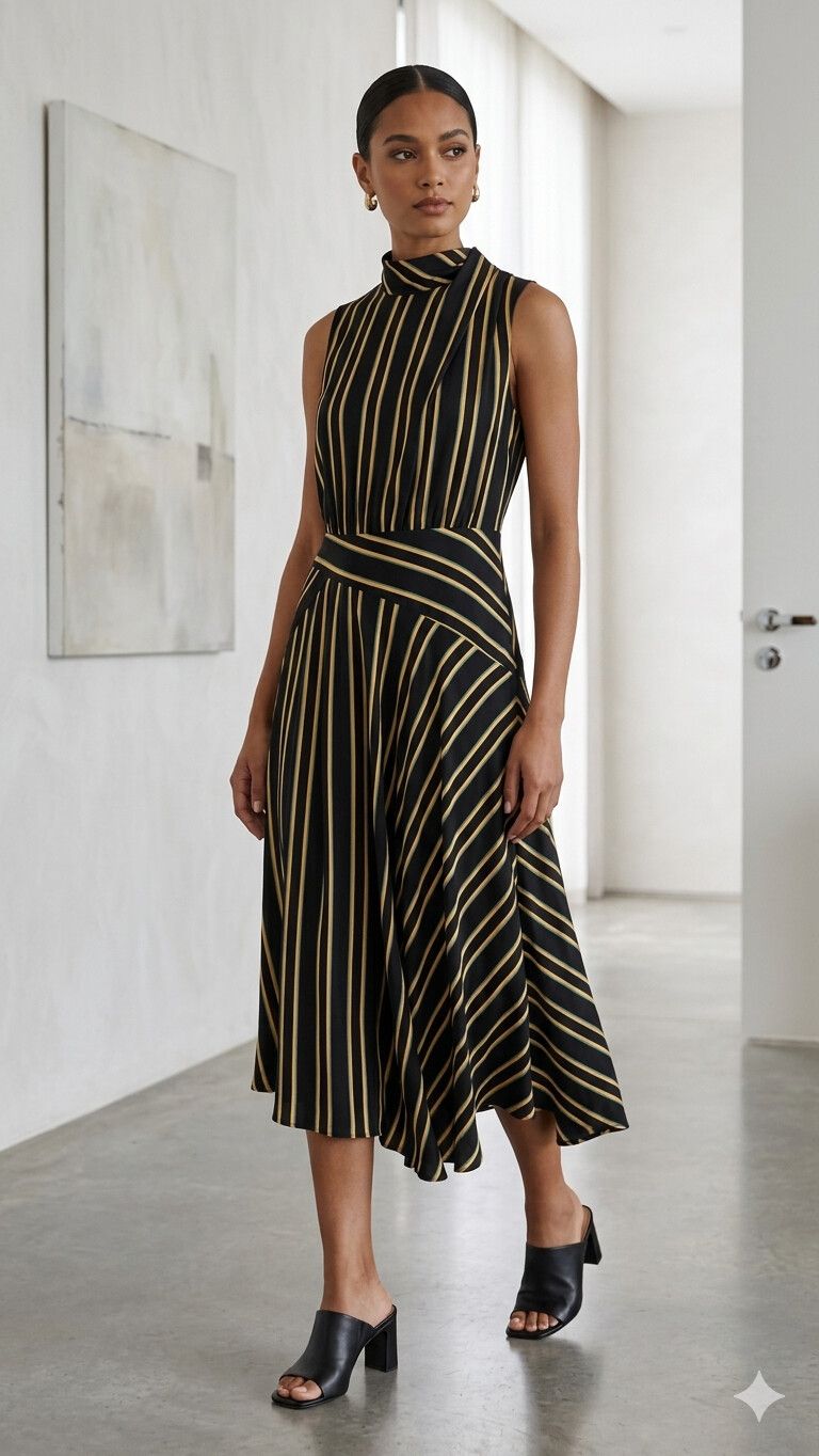 Cue Black and Yellow Striped Midi Dress