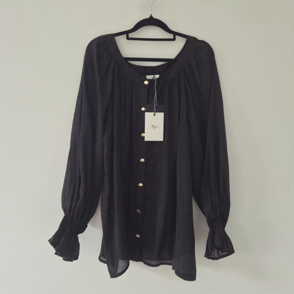 NWT AJE Le Corsaire Blouse Black Silk Linen Sheer Balloon Sleeve Top One Size